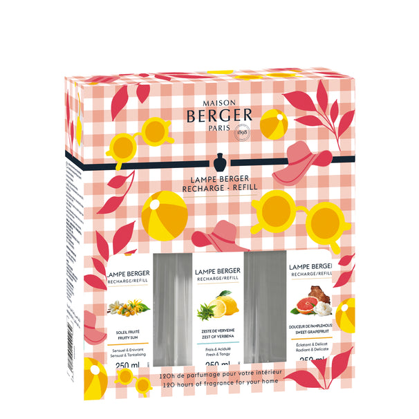 Trio de recharge Maison Berger - pour Lampe Berger - Estival - Soleil Fruité, Zeste de Verveine & Douceur de Pamplemousse - 3 x 250 ml