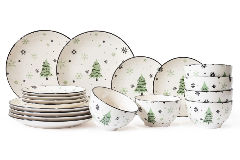 Service de table de Noël Cookinglife Vert 18 pièces / 6 personnes - 6 assiettes à dîner, 6 assiettes à petit-déjeuner & 6 bols