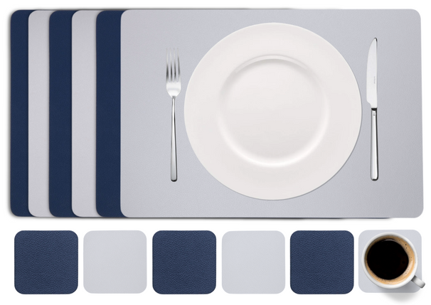 Cookinglife 6 sets de table + 6 dessous verres - Double face - Cuir vegan - Bleu / Gris - 12 pièces