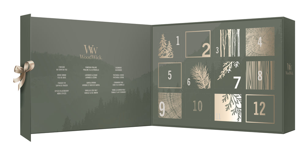 Calendrier de l'Avent WoodWick 12 Jours de Parfum - 12 Pièces - Bougie Parfumée en Verre - Mèche en Bois