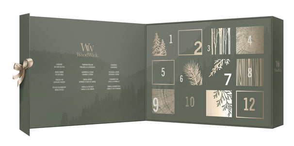 Calendrier de l'Avent WoodWick 12 Jours de Parfum - 12 Pièces - Bougie Parfumée en Verre - Mèche en Bois