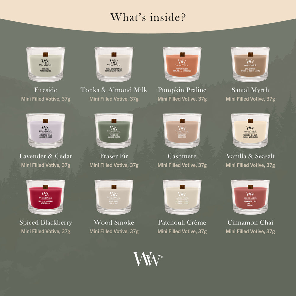 Calendrier de l'Avent WoodWick 12 Jours de Parfum - 12 Pièces - Bougie Parfumée en Verre - Mèche en Bois