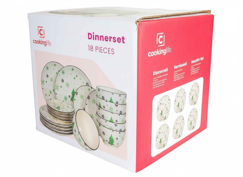 Service de table de Noël Cookinglife Vert 18 pièces / 6 personnes - 6 assiettes à dîner, 6 assiettes à petit-déjeuner & 6 bols