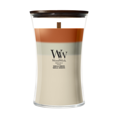 Bougie parfumée WoodWick Large Trilogy Vanilla Embers - 18 cm / ø 10 cm - Bougie parfumée en verre - Mèche en bois