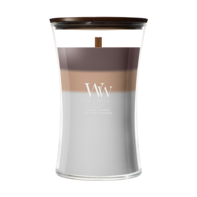 Bougie parfumée WoodWick Large Trilogy Radiant Cashmere - 18 cm / ø 10 cm - Bougie parfumée en verre - Mèche en bois