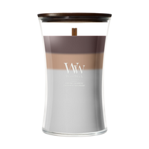 Bougie parfumée WoodWick Large Trilogy Radiant Cashmere - 18 cm / ø 10 cm - Bougie parfumée en verre - Mèche en bois