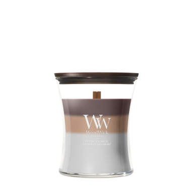 Bougie Parfumée WoodWick Medium Trilogy Radiant Cashmere - 11 cm / ø 10 cm - Bougie en Verre - Mèche en Bois