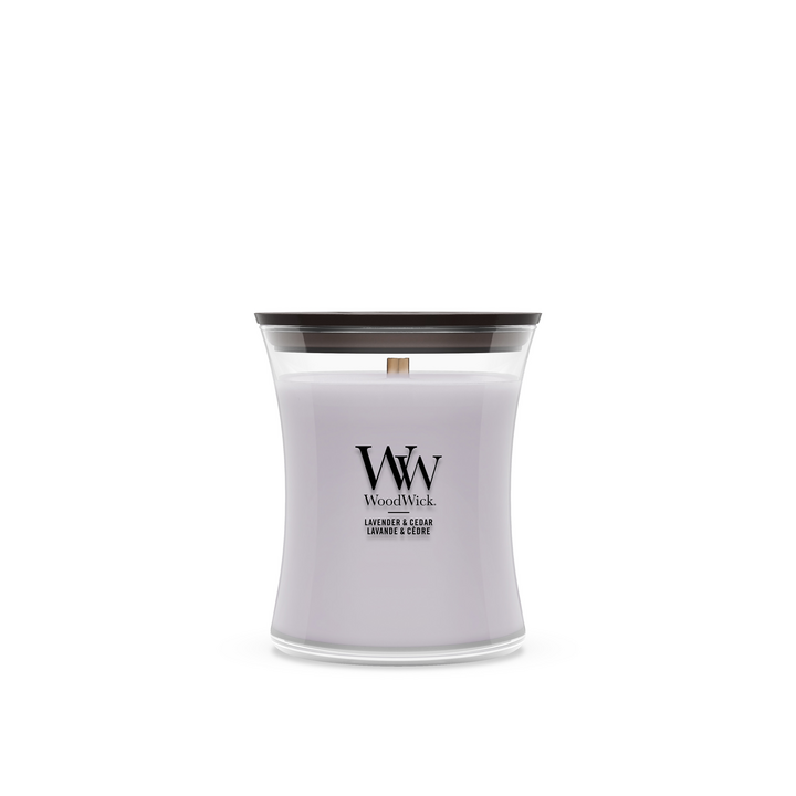 Bougie Parfumée WoodWick Medium Lavender & Cedar - 11 cm / ø 10 cm - Bougie Parfumée en Verre - Mèche en Bois