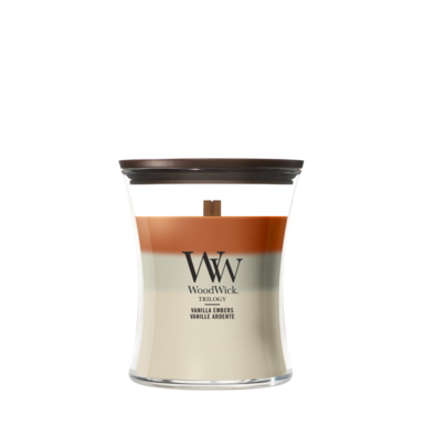 Bougie parfumée WoodWick Medium Trilogy Vanilla Embers - 11 cm / ø 10 cm - Bougie parfumée en verre - Mèche en bois