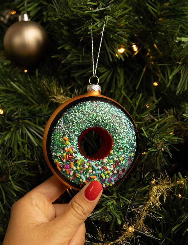 Boule de Noël Nordic Light - Boule en verre - Donut - 10 cm - Marron/Bleu