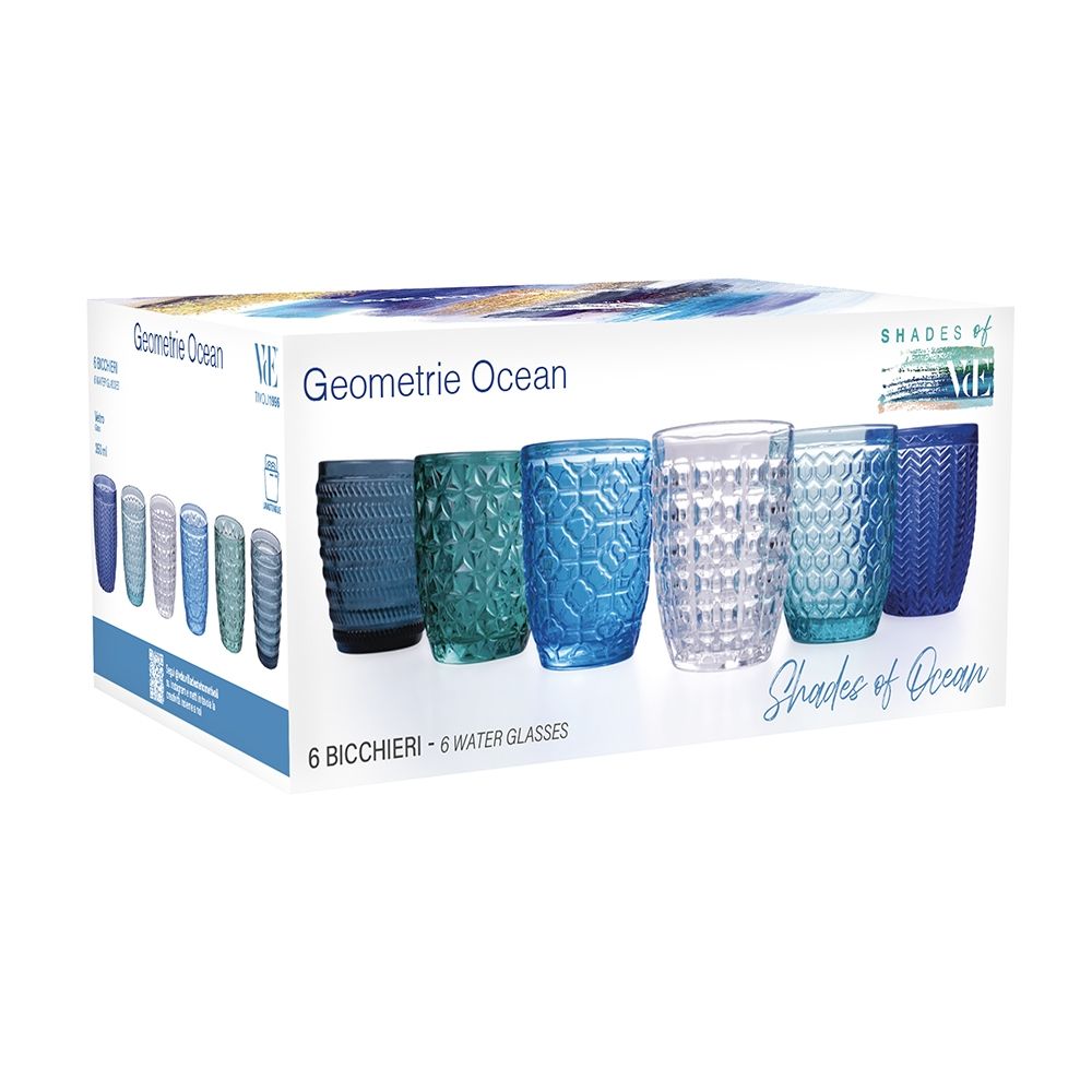 Villa d'Este Home Verre à eau Géométrie Océan - Bleu - 350 ml - 6 pièces