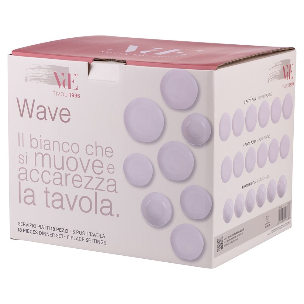 Service de table Villa d'Este Home Wave Blanc Porcelaine 18 pièces / 6 personnes - 6 assiettes à dîner, 6 assiettes à petit-déjeuner et 6 assiettes creuses