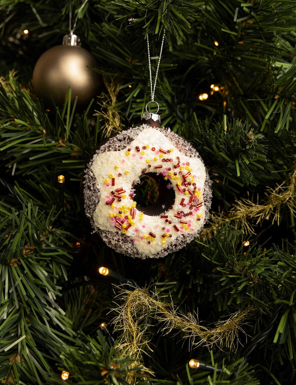 Boule de Noël Nordic Light - Boule donut - Blanc/Marron - 10 cm