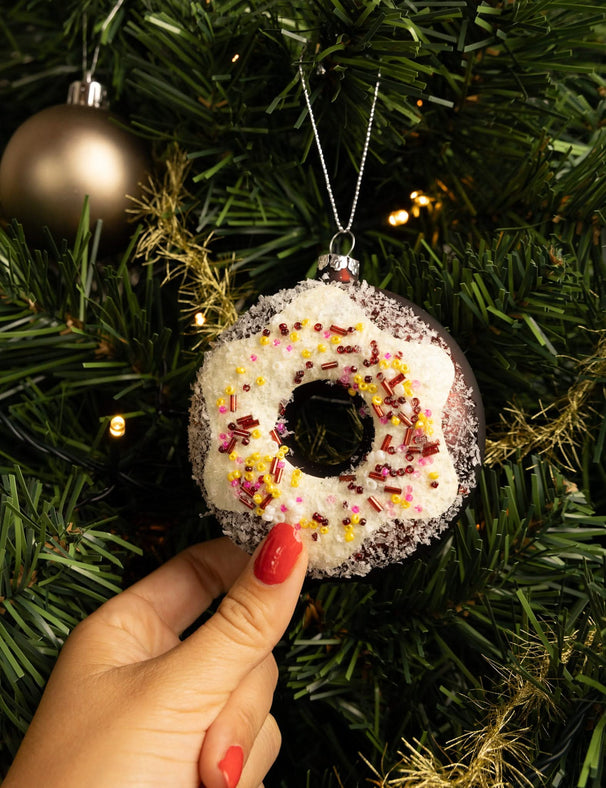 Boule de Noël Nordic Light - Boule donut - Blanc/Marron - 10 cm