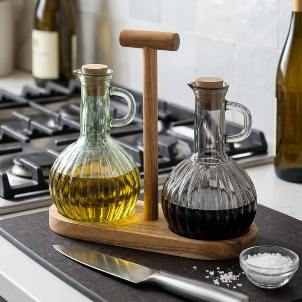 Cosy & Trendy Huilier-vinaigrier avec support - Verre & Bois d'acacia - 2 bouteilles