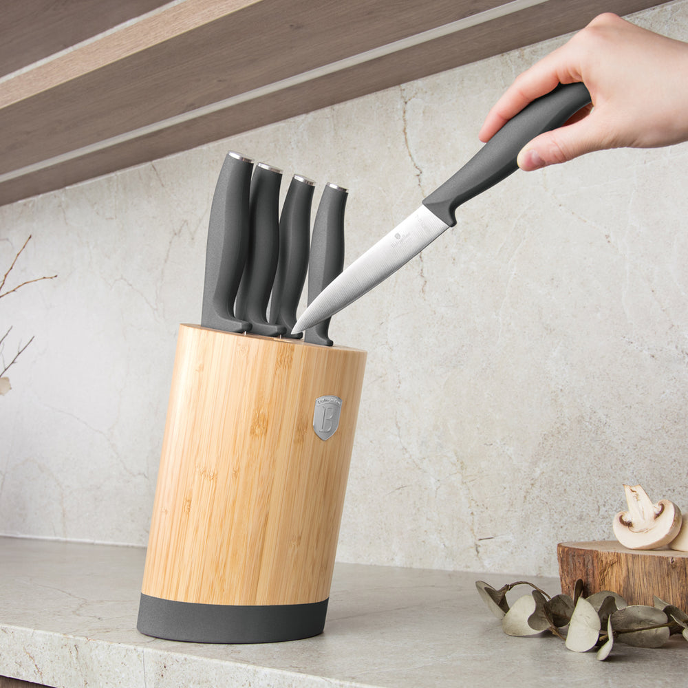 Bloc de couteaux BerlingerHaus Mat Anthracite Rond 6 pièces - Couteau de chef, Couteau à pain, Couteau Santoku, Couteau d'office & Éplucheur