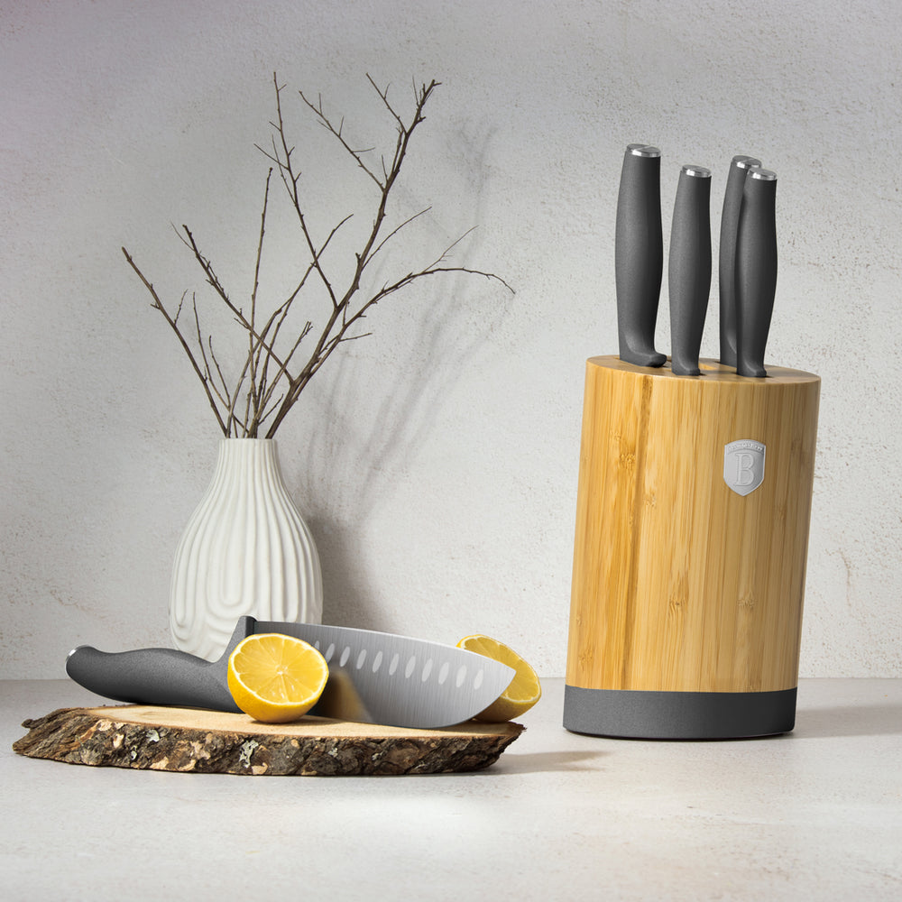 Bloc de couteaux BerlingerHaus Mat Anthracite Rond 6 pièces - Couteau de chef, Couteau à pain, Couteau Santoku, Couteau d'office & Éplucheur