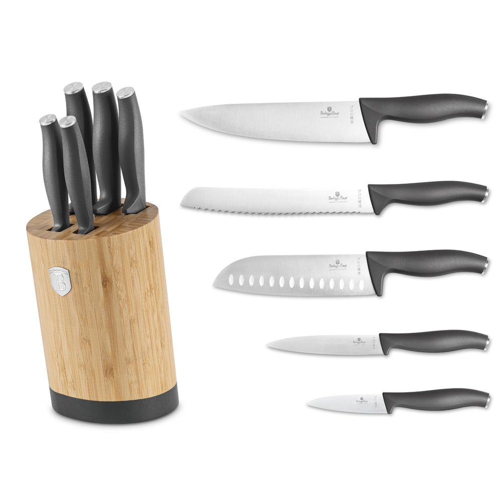 Bloc de couteaux BerlingerHaus Mat Anthracite Rond 6 pièces - Couteau de chef, Couteau à pain, Couteau Santoku, Couteau d'office & Éplucheur