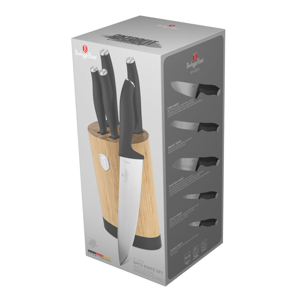 Bloc de couteaux BerlingerHaus Mat Anthracite Rond 6 pièces - Couteau de chef, Couteau à pain, Couteau Santoku, Couteau d'office & Éplucheur