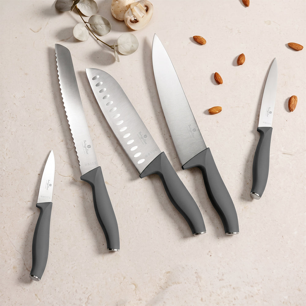 Bloc de couteaux BerlingerHaus Mat Anthracite Rond 6 pièces - Couteau de chef, Couteau à pain, Couteau Santoku, Couteau d'office & Éplucheur