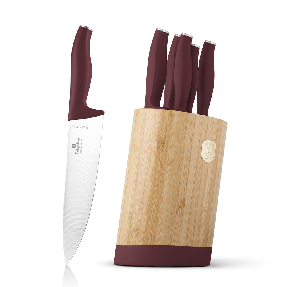 Bloc de couteaux BerlingerHaus mat bordeaux rond 6 pièces - Couteau de chef, Couteau à pain, Couteau Santoku, Couteau d'office & Éplucheur