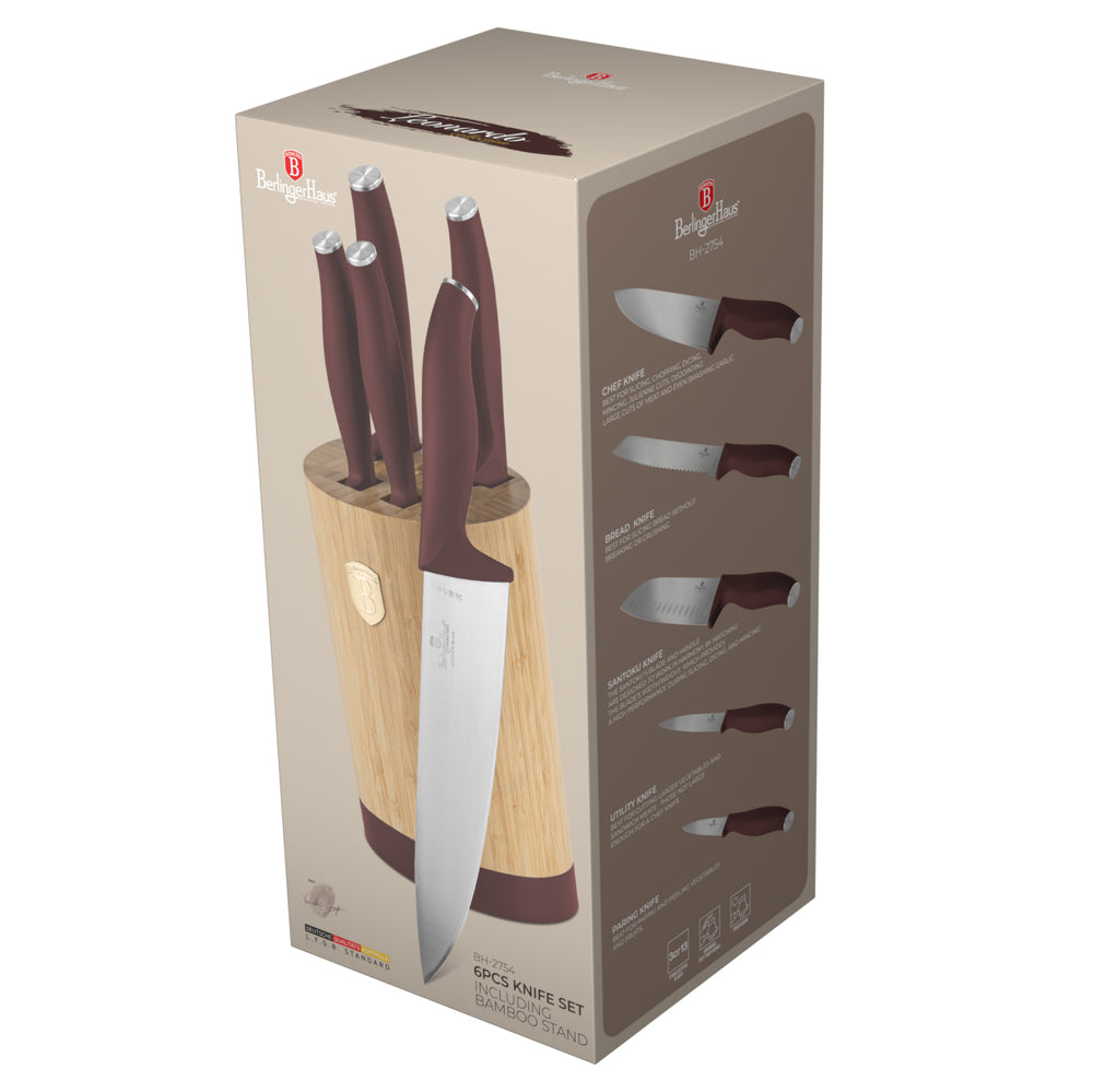 Bloc de couteaux BerlingerHaus mat bordeaux rond 6 pièces - Couteau de chef, Couteau à pain, Couteau Santoku, Couteau d'office & Éplucheur