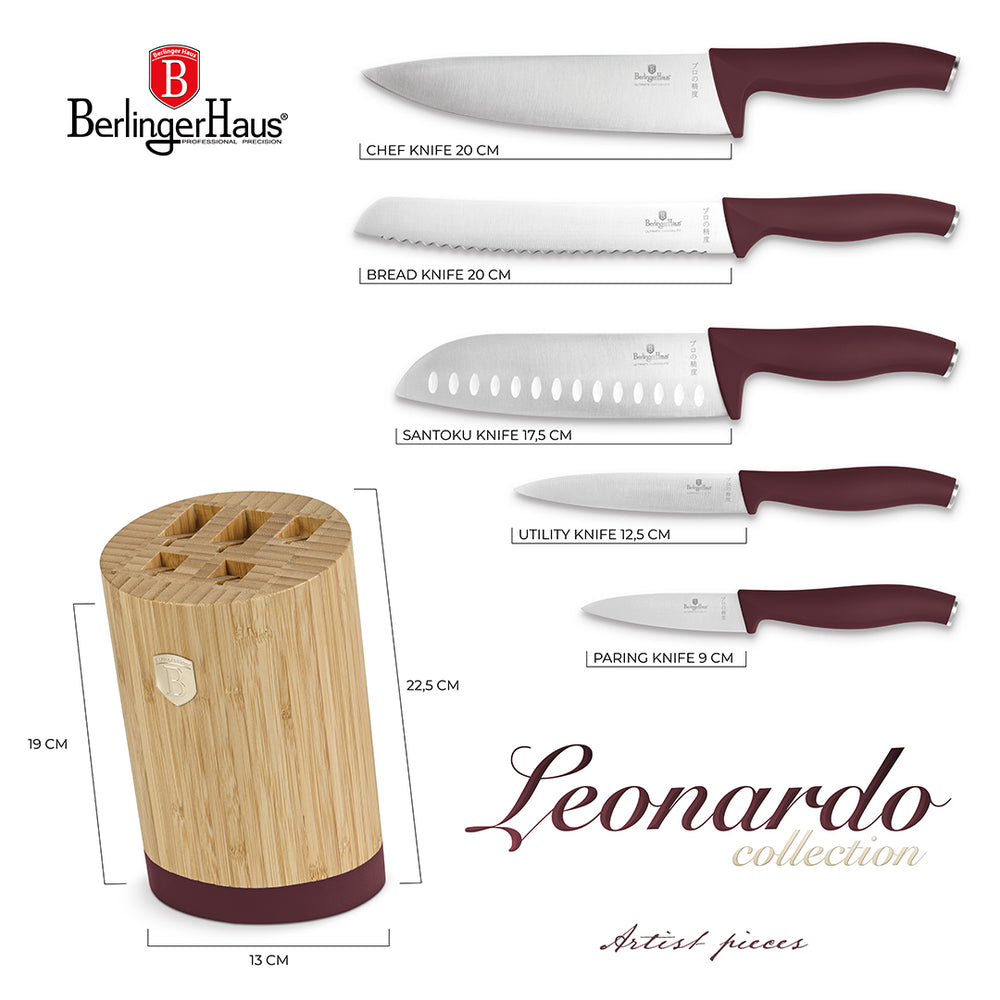 Bloc de couteaux BerlingerHaus mat bordeaux rond 6 pièces - Couteau de chef, Couteau à pain, Couteau Santoku, Couteau d'office & Éplucheur