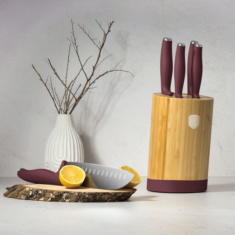 Bloc de couteaux BerlingerHaus mat bordeaux rond 6 pièces - Couteau de chef, Couteau à pain, Couteau Santoku, Couteau d'office & Éplucheur