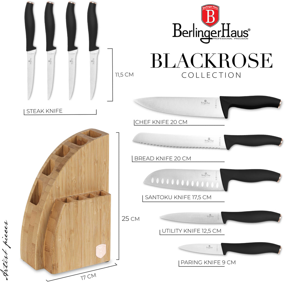 Bloc de couteaux BerlingerHaus Noir Or Rose 10 pièces - Couteau de chef, Couteau à pain, Couteau Santoku, Couteau d'office, Éplucheur & 4 Couteaux à steak