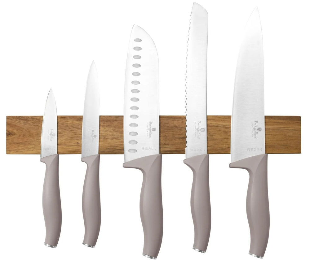 Ensemble de Couteaux avec Barre Magnétique en Bois d'Acacia BerlingerHaus Taupe - 6 pièces - Couteau de Chef, Couteau à Pain, Couteau Santoku, Couteau d'Office & Éplucheur