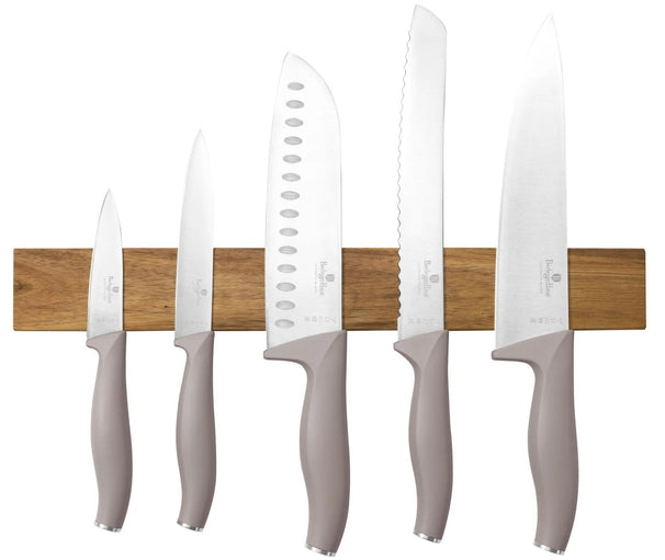 Ensemble de Couteaux avec Barre Magnétique en Bois d'Acacia BerlingerHaus Taupe - 6 pièces - Couteau de Chef, Couteau à Pain, Couteau Santoku, Couteau d'Office & Éplucheur
