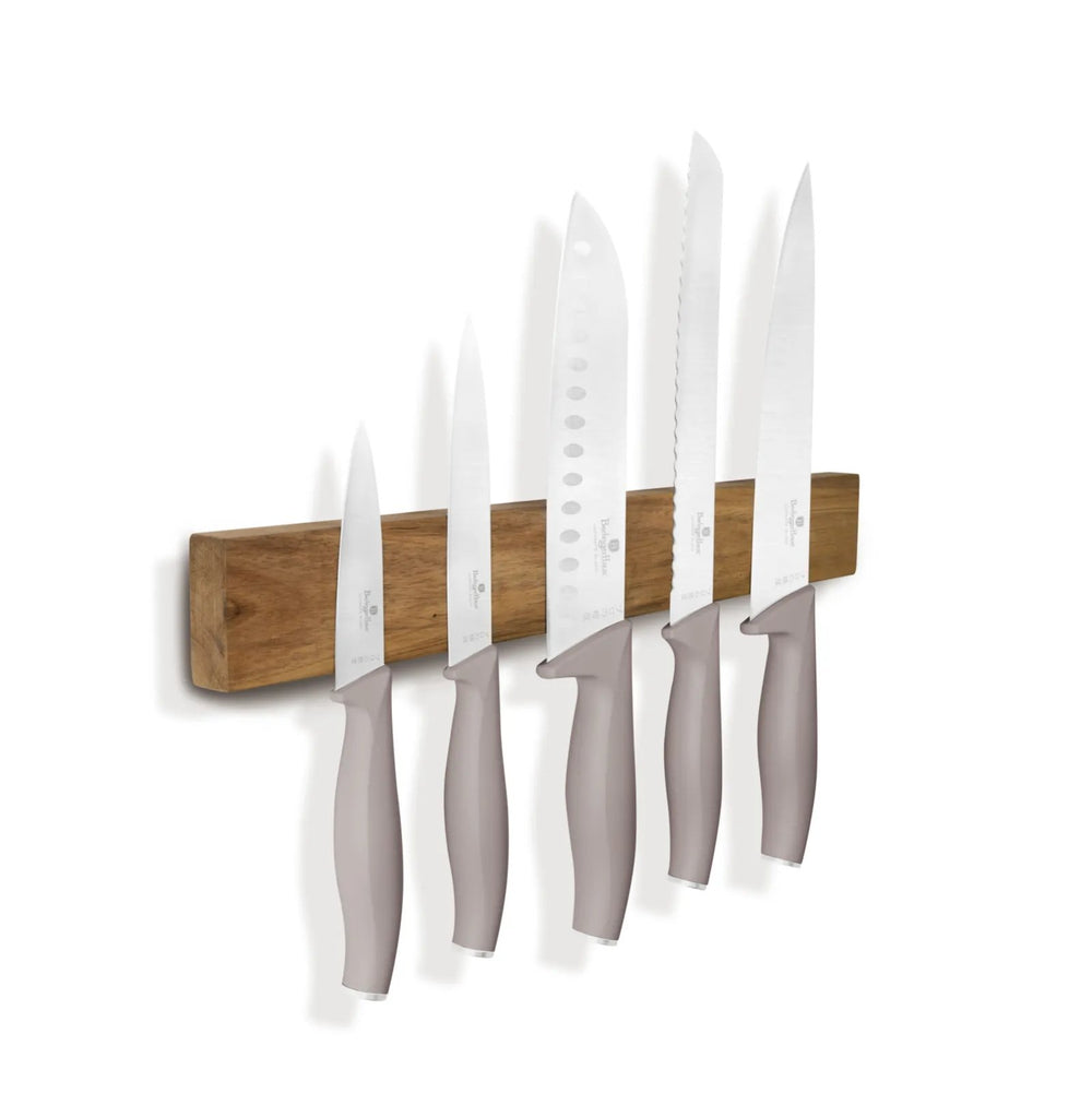 Ensemble de Couteaux avec Barre Magnétique en Bois d'Acacia BerlingerHaus Taupe - 6 pièces - Couteau de Chef, Couteau à Pain, Couteau Santoku, Couteau d'Office & Éplucheur