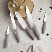 Ensemble de Couteaux avec Barre Magnétique en Bois d'Acacia BerlingerHaus Taupe - 6 pièces - Couteau de Chef, Couteau à Pain, Couteau Santoku, Couteau d'Office & Éplucheur