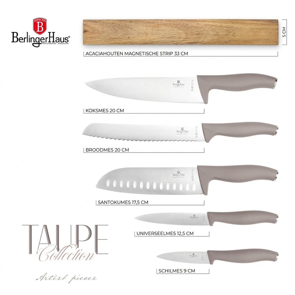 Ensemble de Couteaux avec Barre Magnétique en Bois d'Acacia BerlingerHaus Taupe - 6 pièces - Couteau de Chef, Couteau à Pain, Couteau Santoku, Couteau d'Office & Éplucheur