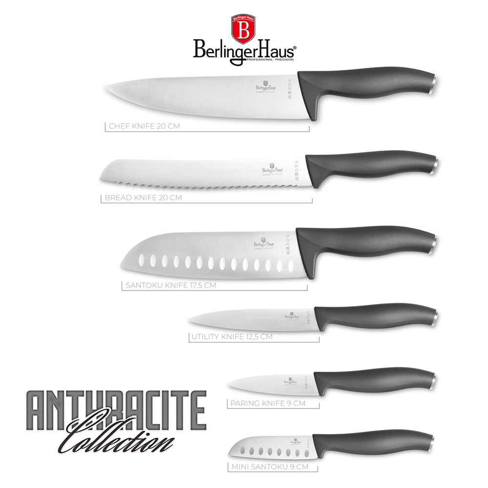 Ensemble de couteaux BerlingerHaus mat anthracite 6 pièces - Couteau de chef, Couteau à pain, Couteau Santoku, Couteau d'office, Éplucheur & Mini Santoku
