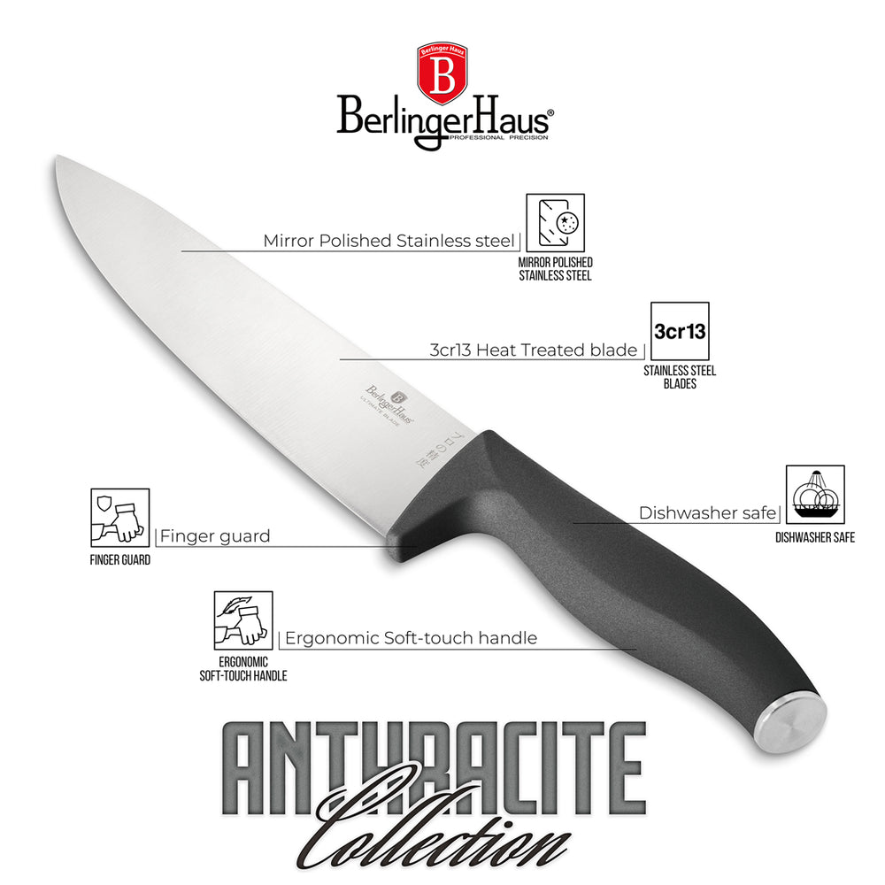 Ensemble de couteaux BerlingerHaus mat anthracite 6 pièces - Couteau de chef, Couteau à pain, Couteau Santoku, Couteau d'office, Éplucheur & Mini Santoku