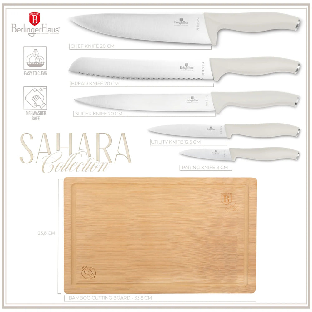 Ensemble de couteaux avec planche à découper BerlingerHaus mat crème 6 pièces - Couteau de chef, Couteau à pain, Couteau à viande, Couteau d'office & Éplucheur