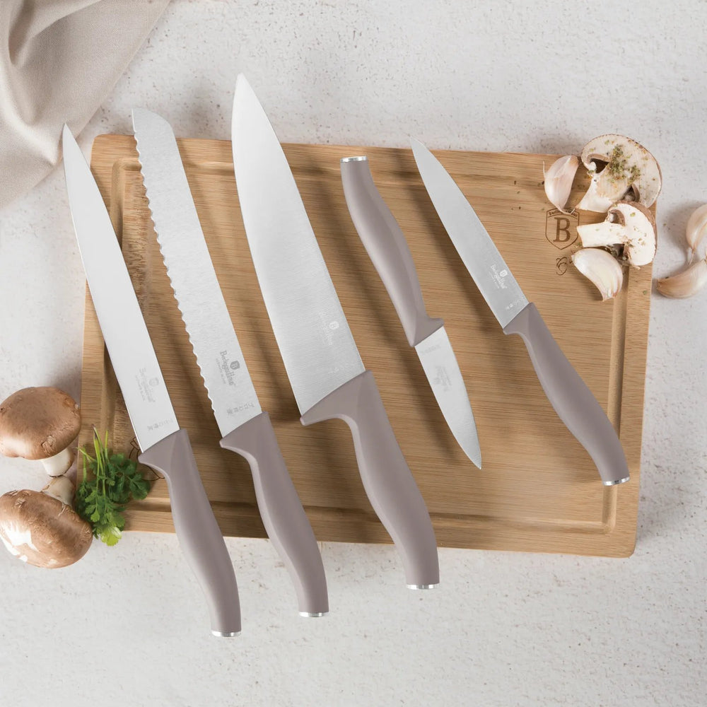 Ensemble de couteaux avec planche à découper BerlingerHaus taupe 6 pièces - Couteau de chef, couteau à pain, couteau à viande, couteau d'office & éplucheur