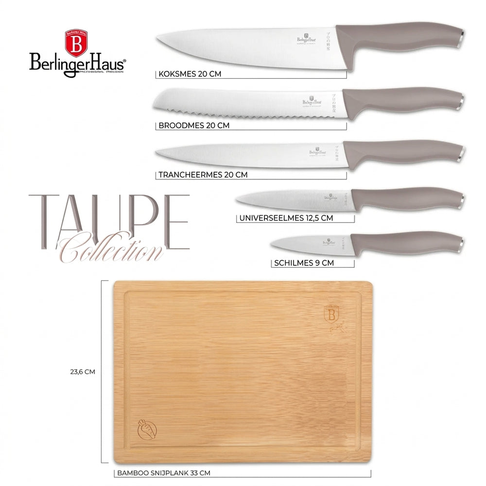 Ensemble de couteaux avec planche à découper BerlingerHaus taupe 6 pièces - Couteau de chef, couteau à pain, couteau à viande, couteau d'office & éplucheur
