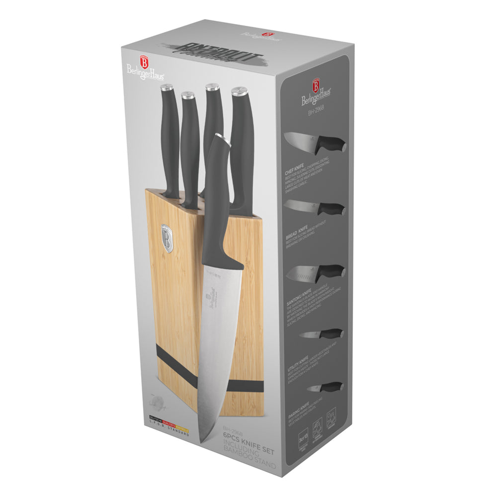 Bloc de couteaux BerlingerHaus mat anthracite 6 pièces - Couteau de chef, Couteau à pain, Couteau Santoku, Couteau d'office & Couteau à éplucher