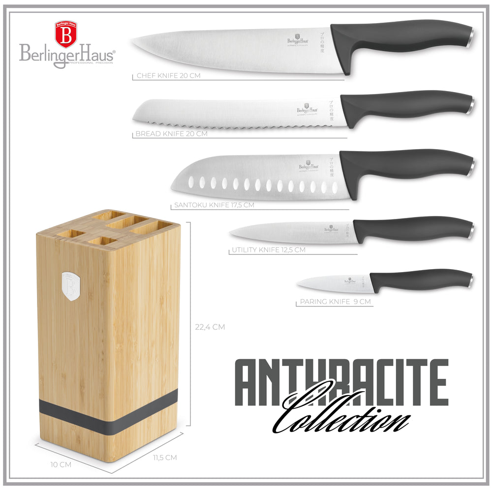 Bloc de couteaux BerlingerHaus mat anthracite 6 pièces - Couteau de chef, Couteau à pain, Couteau Santoku, Couteau d'office & Couteau à éplucher