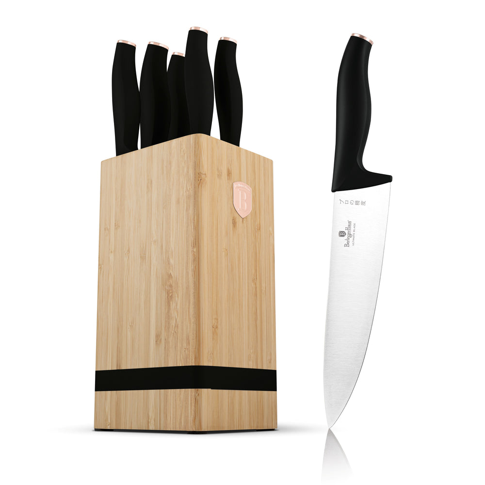 Bloc de couteaux BerlingerHaus Noir Or Rose 6 pièces - Couteau de chef, Couteau à pain, Couteau Santoku, Couteau d'office & Couteau éplucheur
