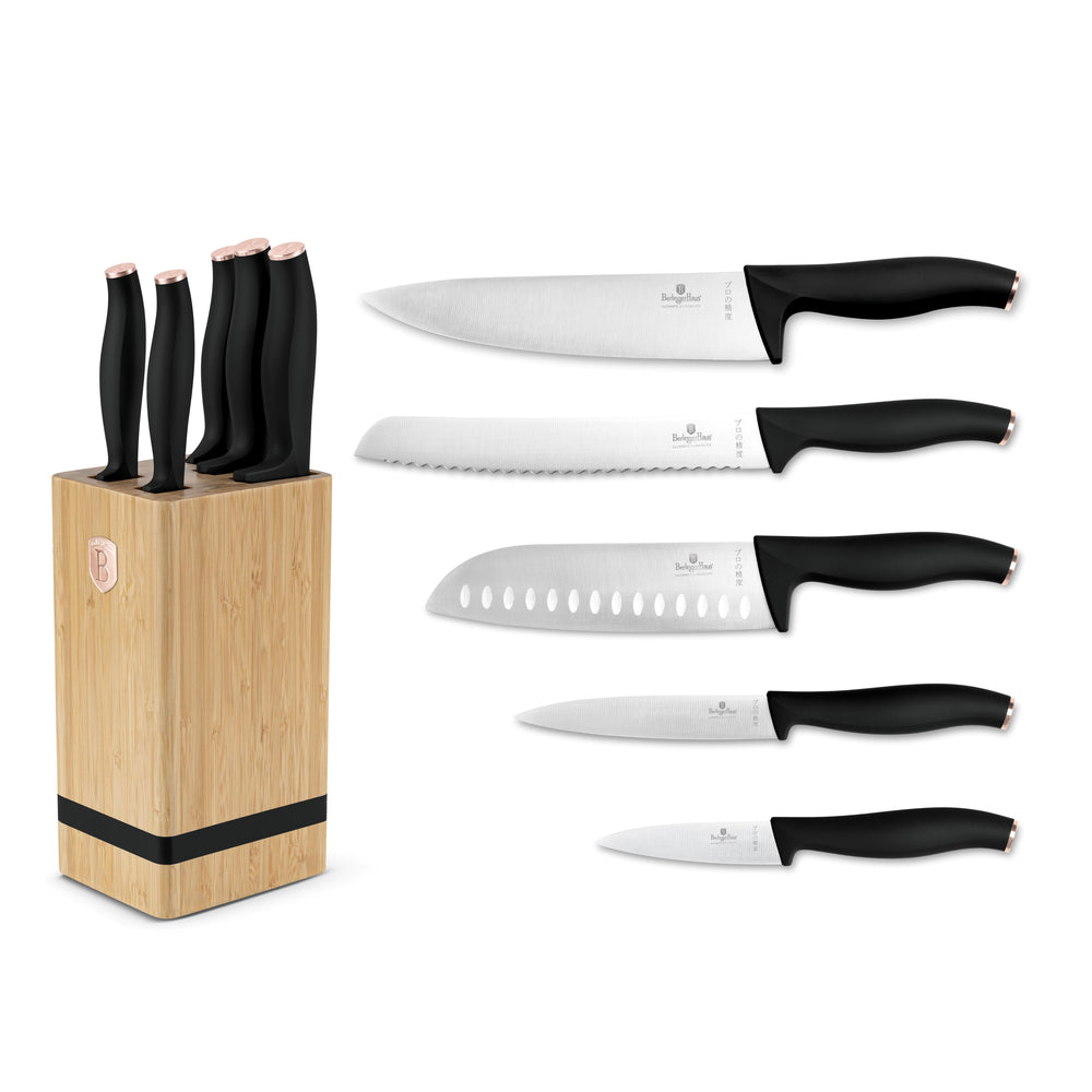 Bloc de couteaux BerlingerHaus Noir Or Rose 6 pièces - Couteau de chef, Couteau à pain, Couteau Santoku, Couteau d'office & Couteau éplucheur
