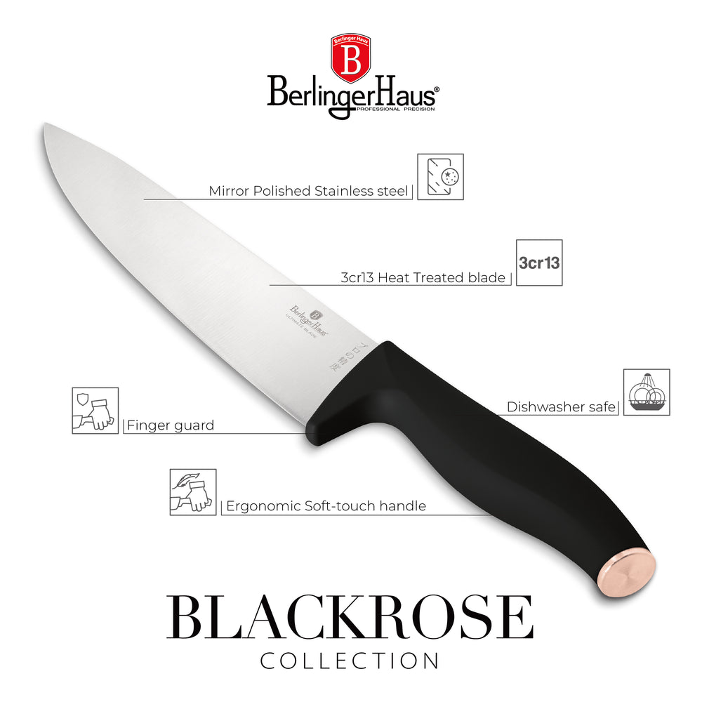 Bloc de couteaux BerlingerHaus Noir Or Rose 6 pièces - Couteau de chef, Couteau à pain, Couteau Santoku, Couteau d'office & Couteau éplucheur