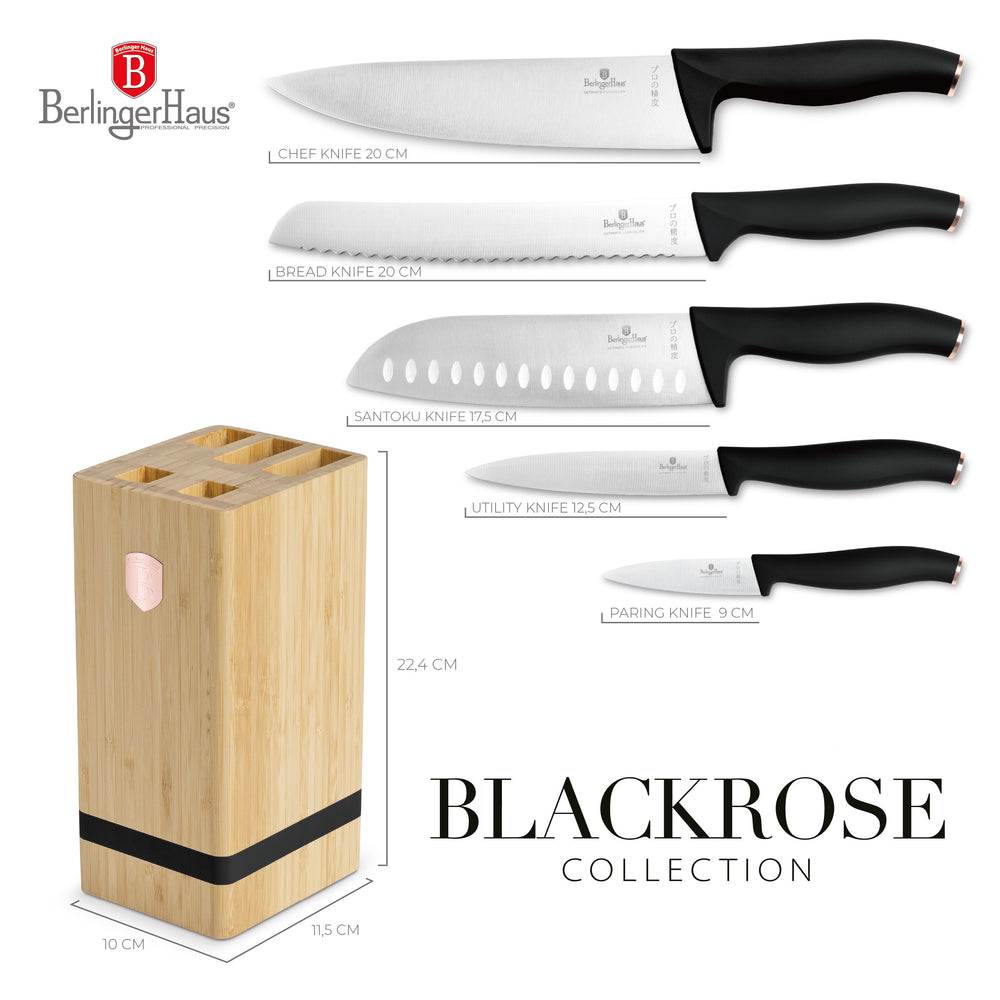 Bloc de couteaux BerlingerHaus Noir Or Rose 6 pièces - Couteau de chef, Couteau à pain, Couteau Santoku, Couteau d'office & Couteau éplucheur