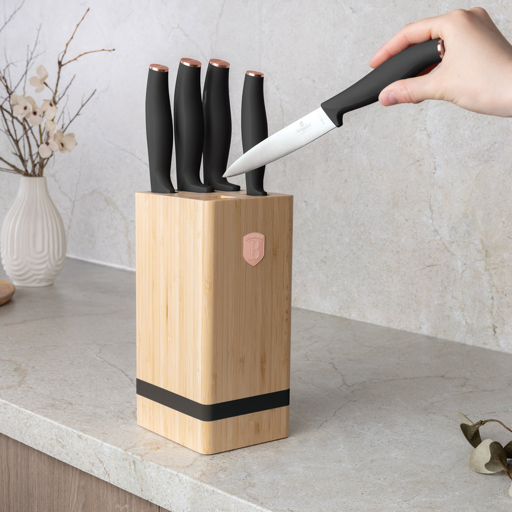 Bloc de couteaux BerlingerHaus Noir Or Rose 6 pièces - Couteau de chef, Couteau à pain, Couteau Santoku, Couteau d'office & Couteau éplucheur
