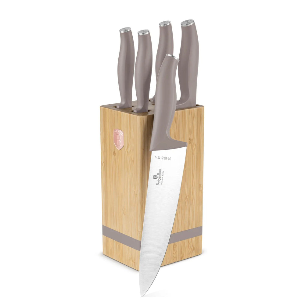 Bloc de couteaux BerlingerHaus Taupe 6 pièces - Couteau de chef, Couteau à pain, Couteau Santoku, Couteau d'office & Éplucheur