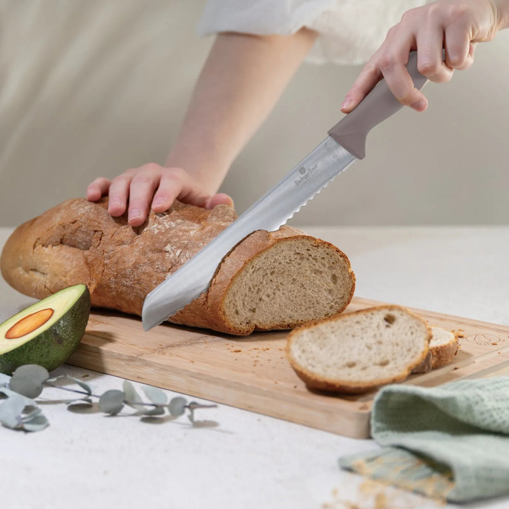 Ensemble de Couteaux avec Barre Magnétique en Bois d'Acacia BerlingerHaus Taupe - 6 pièces - Couteau de Chef, Couteau à Pain, Couteau Santoku, Couteau d'Office & Éplucheur