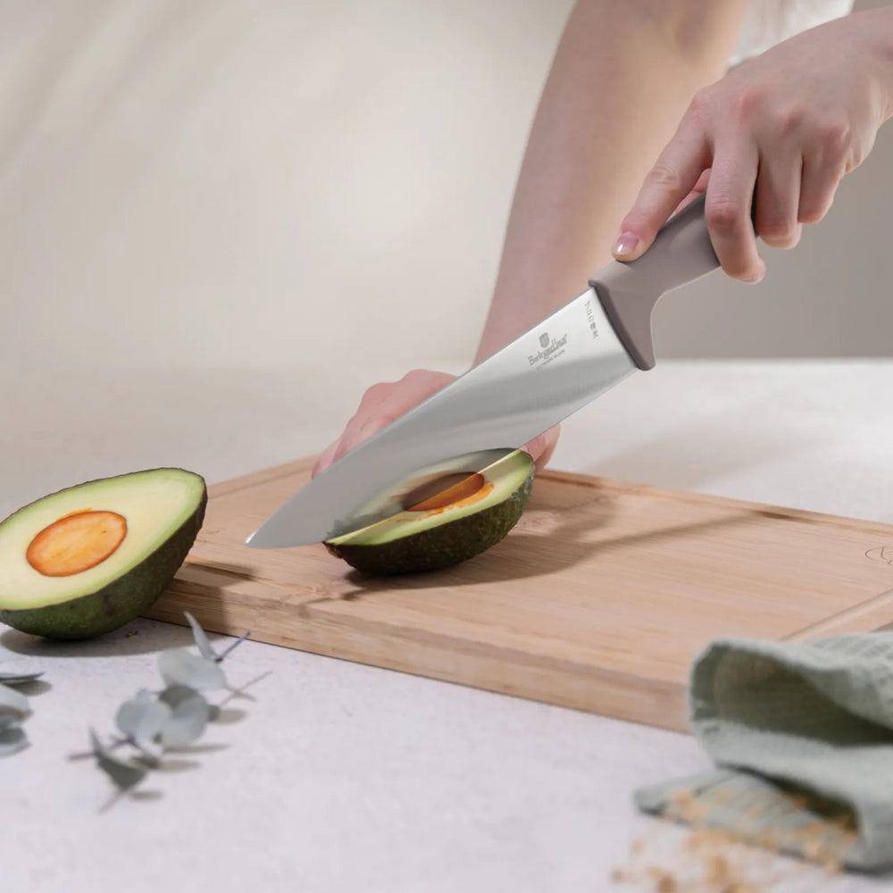 Ensemble de Couteaux avec Barre Magnétique en Bois d'Acacia BerlingerHaus Taupe - 6 pièces - Couteau de Chef, Couteau à Pain, Couteau Santoku, Couteau d'Office & Éplucheur
