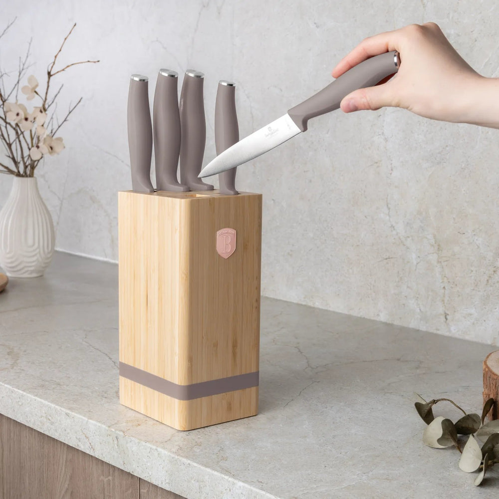 Bloc de couteaux BerlingerHaus Taupe 6 pièces - Couteau de chef, Couteau à pain, Couteau Santoku, Couteau d'office & Éplucheur
